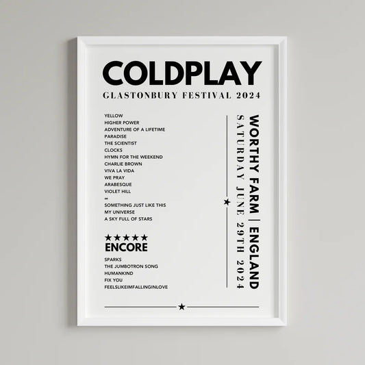 Coldplay Setlist Poster - Glastonbury, Worthy Farm on June 29th 2024