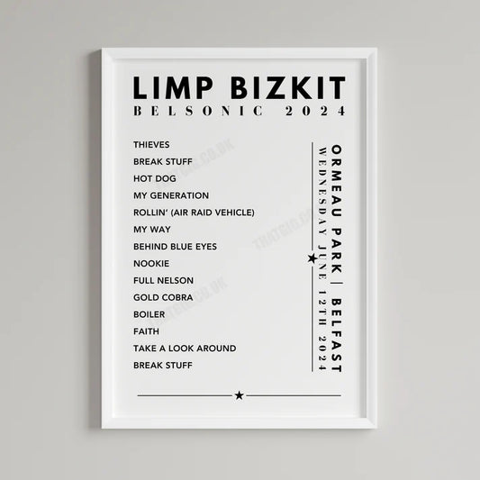 Limp Bizkit Setlist Poster - at the Orneau Park, Belfast on June 12th, 2024